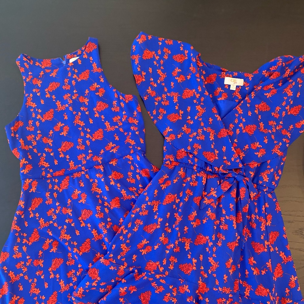 2 GB Girls Dresses in Matching RED/BLUE Vibrant Print size S short, size 10 long